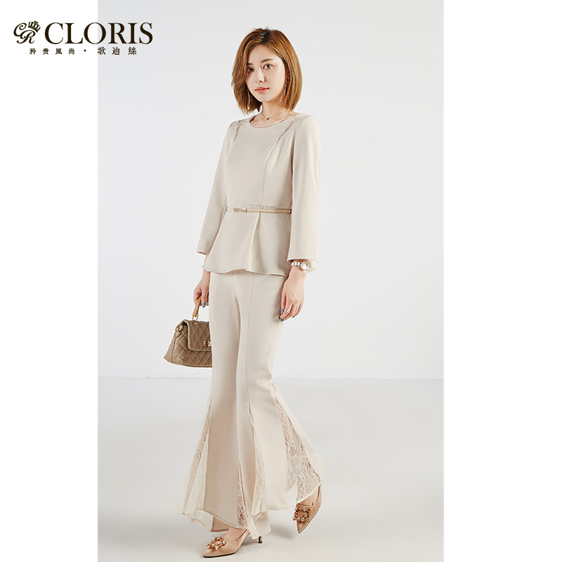 cloris/歌迪丝203u203商场同款蕾丝拼接上衣女套装喇叭裤两件套