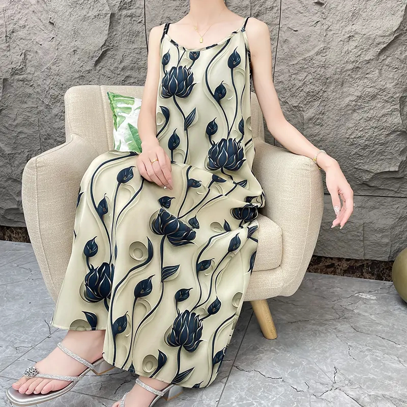 【步步生莲】中式碎花时尚法式宽松气质吊带连衣裙女春夏长款裙子