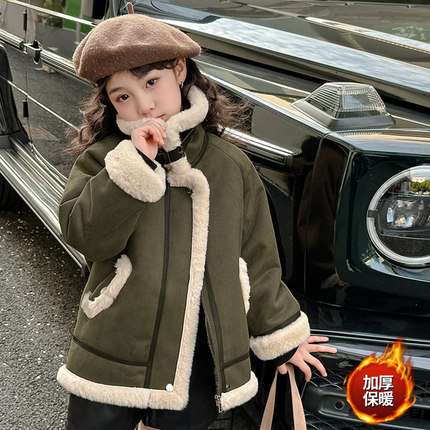 女童皮毛一体加厚保暖外套中大童羊羔毛加绒大女孩上衣秋冬棉衣潮