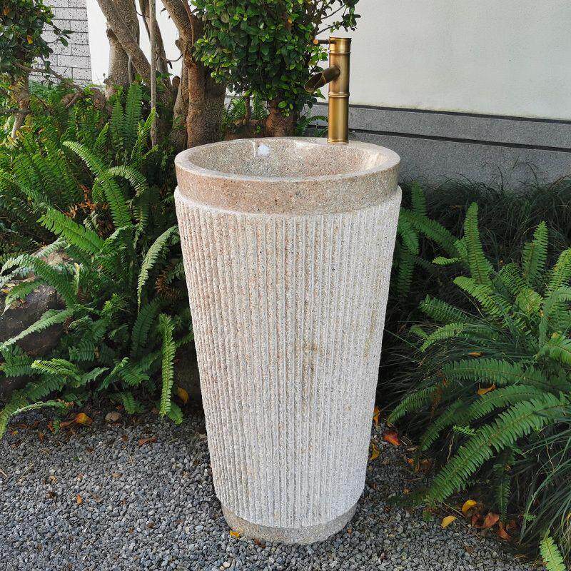 户外石头洗手盆庭院水池台盆室外天然石材洗脸盆一体落地式立柱盆