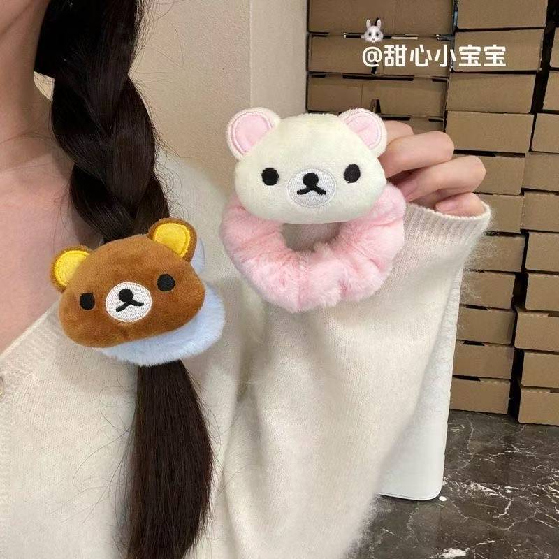 毛绒小熊大肠发圈粉蓝棕