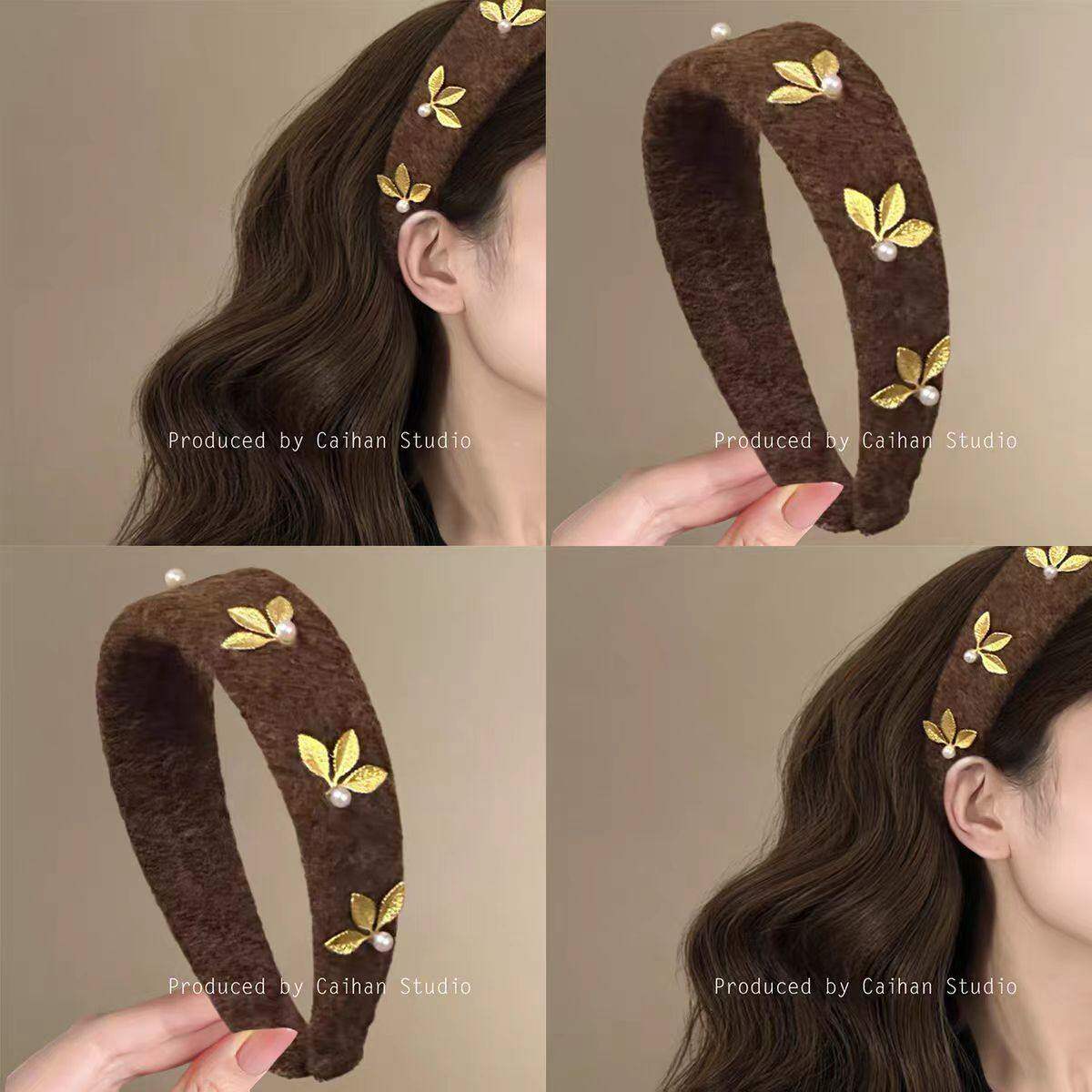 棕调毛绒发箍 金叶珍珠装饰款 秋冬日常通勤优雅复古头饰