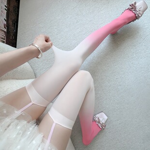粉红泡泡渐变蕾丝吊带袜性感纯欲风长筒袜