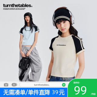 Turnthetables双色拼接运动美式t休闲宽松短袖插肩袖圆领T恤衫女