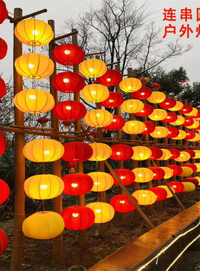 圆形灯笼新年黄色橙色可连串景区元宵节美陈装饰户外防水布艺吊灯