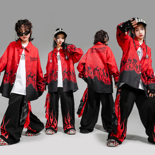 街舞儿童潮服黑红火苗男童演出服春秋套装hiphop女童酷帅表演服装