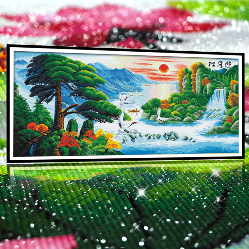 迎客松旭日东升2025新款5D水晶钻石画满钻客厅点十字绣风景山水画