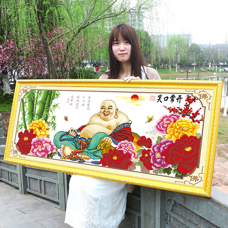 弥勒佛笑口常开牡丹花2026年新款手工刺绣十字绣线绣客厅菩萨佛像