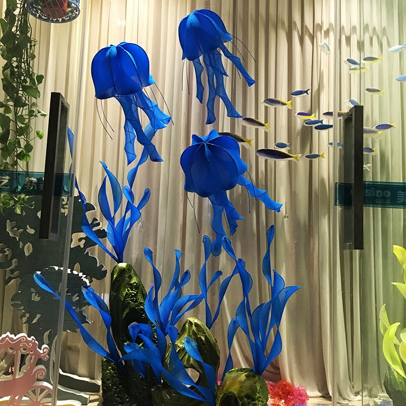夏季场景布置商场店铺橱窗海洋主题装饰水草珠宝店水母道具摆件