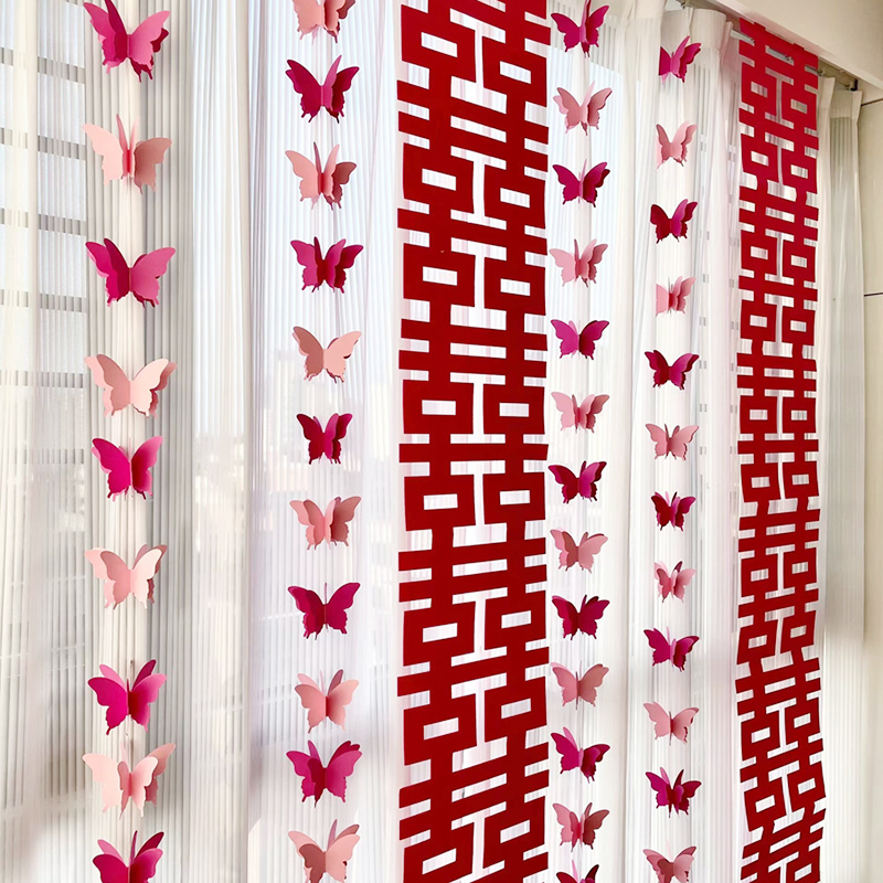 婚庆立体粉红色蝴蝶装饰走廊拉花结婚生日派对装饰背景墙场景布置