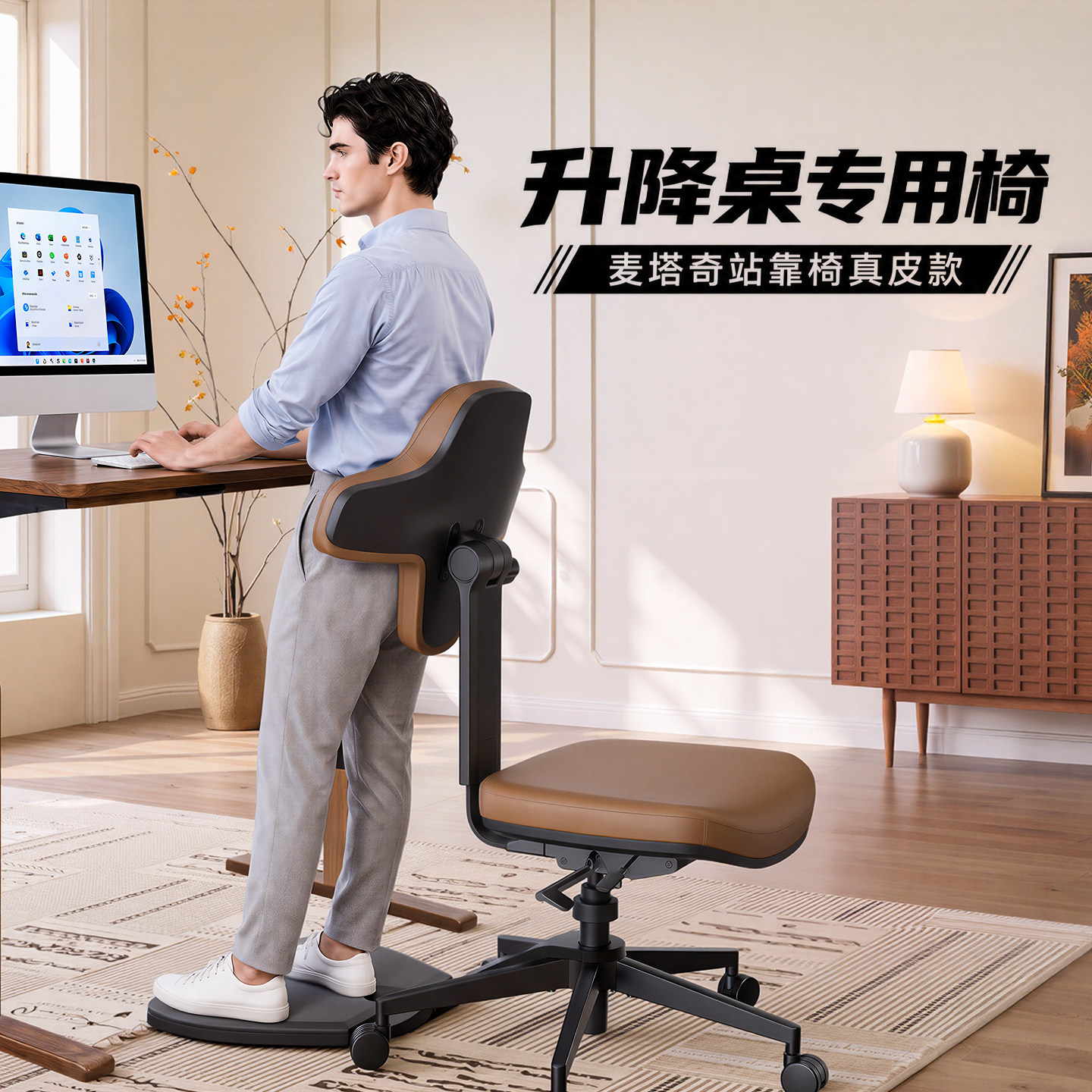 麦塔奇站靠人体工学椅真皮款升降桌专用椅老板椅站立办公椅电脑椅