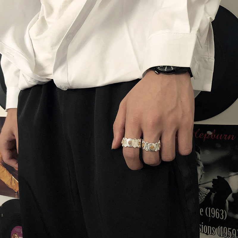 狐面潮牌GD同款雏菊戒指男女INS开口嵌钻指环情侣镀银对戒礼物