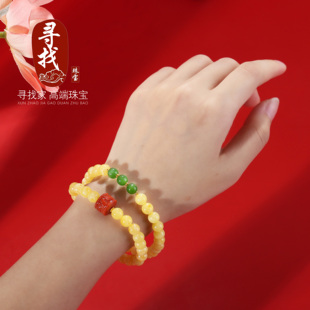 #蜜蜡手串#双圈设计 6mm手链，搭配黄金，南红，碧玉～编号QK23号