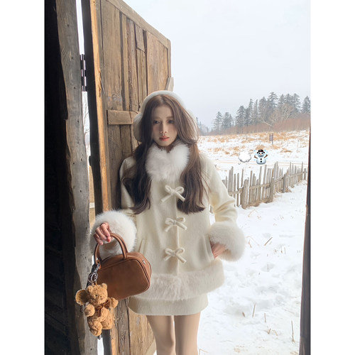 【特价6折】《初雪奶糕》毛毛长袖外套女+半身裙短裙时尚套装