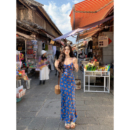 炙热蔷薇 一颗甜桃yikett 吊带印花收腰显瘦连衣裙女 现货