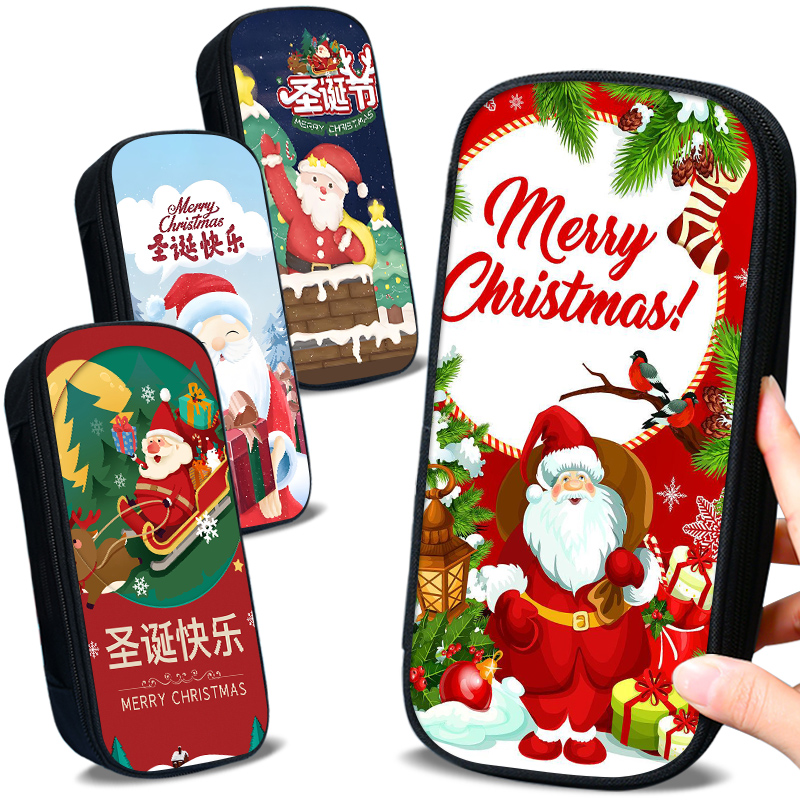 圣诞节礼物笔袋圣诞老人英伦风文具袋圣诞氛围感ins学生幼儿园文具盒男孩个性潮流三层大容量帆布印花铅笔袋