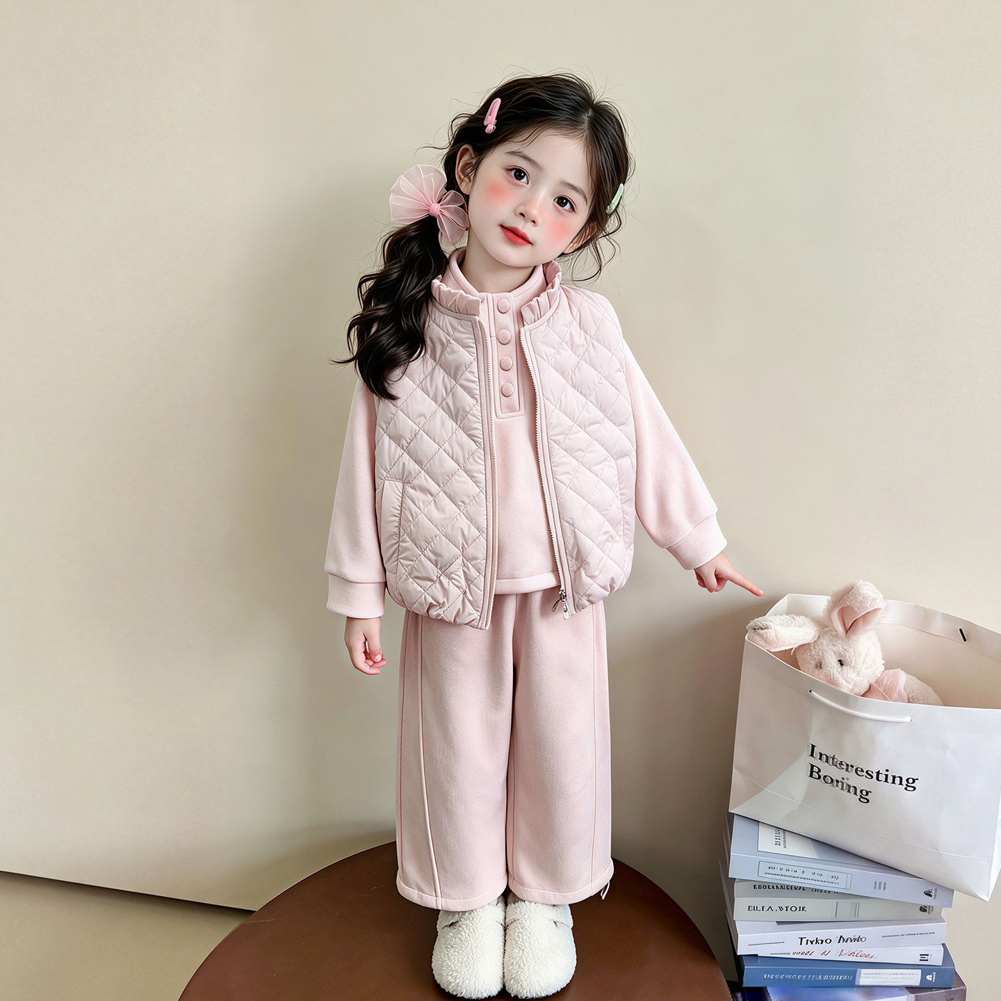 女童套装冬装2026新款儿童加厚马甲冬季女宝宝加绒卫衣裤子三件套