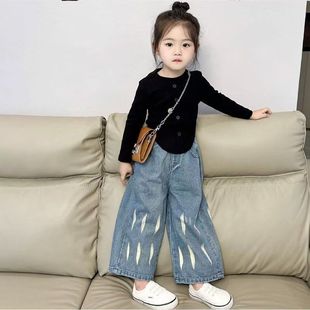 女宝宝秋装洋气套装儿童秋天穿搭韩版女童打底衫牛仔阔腿裤两件套