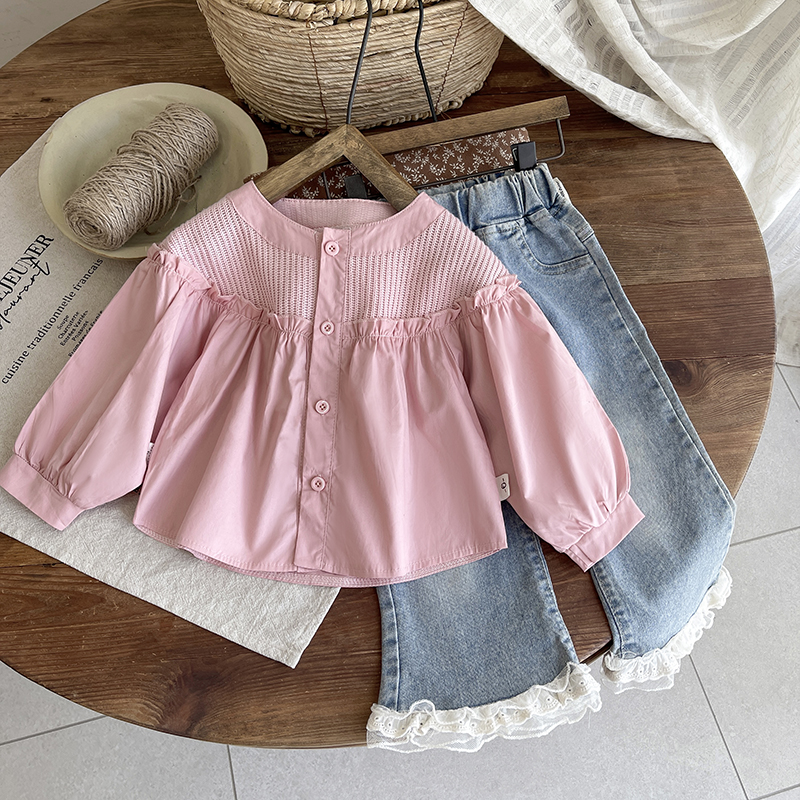 女童衬衣套装2025秋款韩版宽松小中童长裤衬衣两件套小女孩喇叭裤