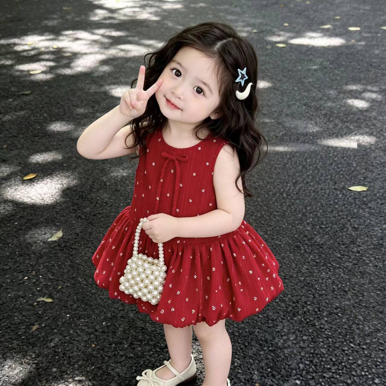 女童连衣裙超乖女宝宝甜美红色可爱小花朵周岁生日花苞公主裙夏季