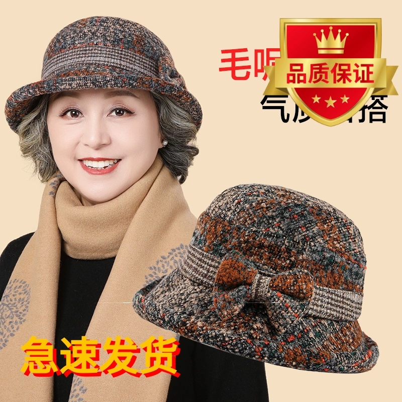 中老年人帽子女秋冬季妈妈毛呢礼帽加厚奶奶布盆帽春秋休闲渔夫帽