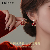 新年红色丝绒小马珍珠耳环女2026新年耳钉马年本命年气质银针耳饰