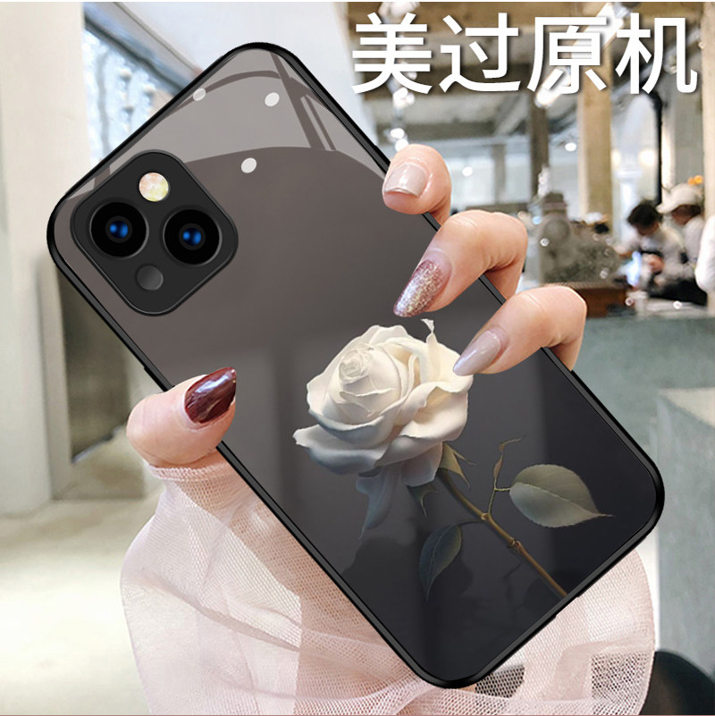 山茶花开适用苹果14p手机壳11pro新款iPhone13mini高级感12p潮牌8p时尚6小众xr玻璃x女xs max