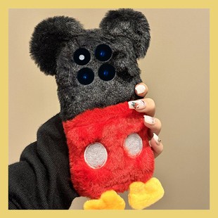 毛绒米奇适用小米红米note15pro+手机壳noto14秋冬13立体12turbo卡通11tpro动漫10可爱9毛茸茸8毛毛7十redmi