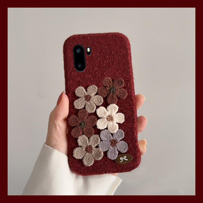 手机壳秋冬绒布红色酒红立体ins风花朵