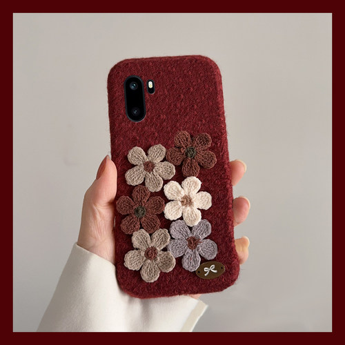 手机壳秋冬绒布红色酒红立体ins风花朵