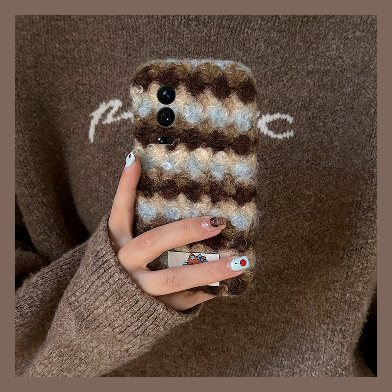 手机壳秋冬毛绒绒布蓝棕纹条纹卡通KT猫贴纸