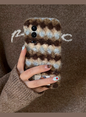 秋冬蓝棕条纹适用小米17promax手机壳15spro毛绒kt猫civi5pro贴纸14ultra可爱12x凯蒂猫10s绒布mix4毛毛3女mi