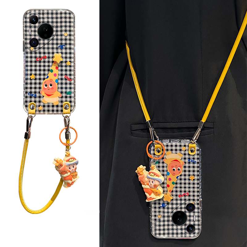 手机壳硅胶拼色格子卡通立体星星人带手提绳