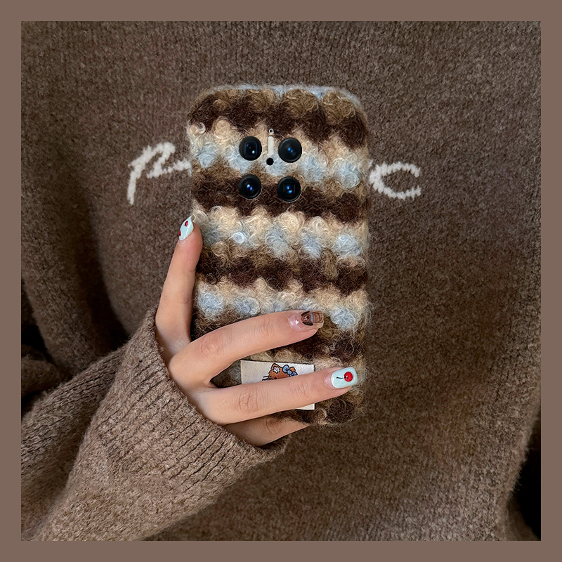 手机壳秋冬毛绒绒布蓝棕纹条纹卡通KT猫贴纸