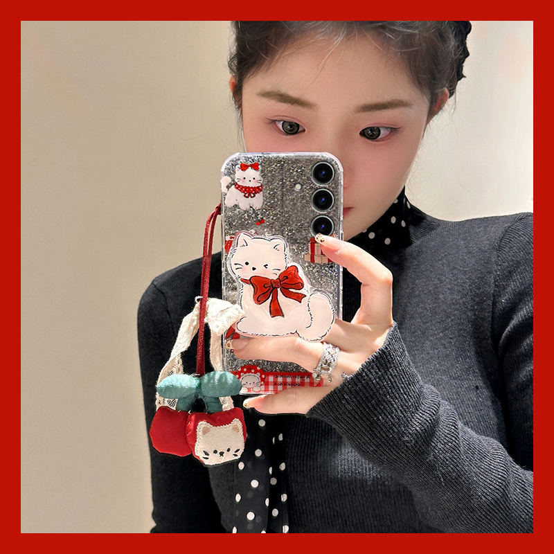 手机壳硅胶闪粉红色新年立体猫咪支架带挂饰
