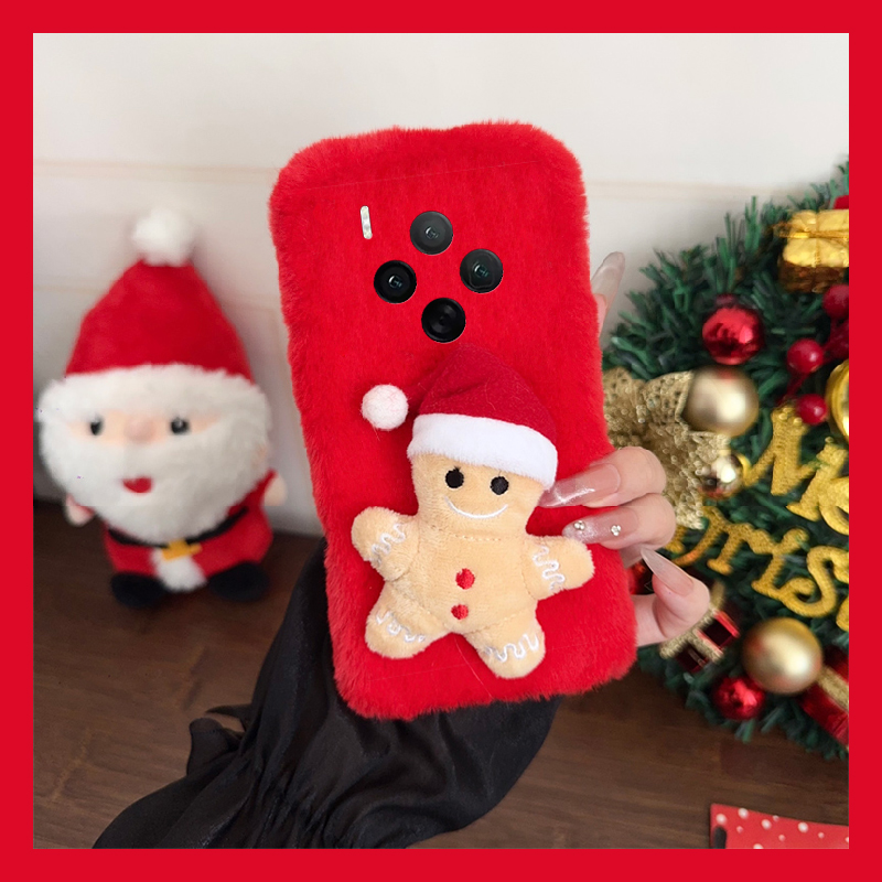 手机壳秋冬毛绒红色卡通圣诞帽子姜饼人