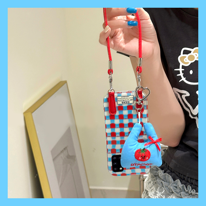 手机壳硅胶简约红蓝编织纹带绒布西红柿挂件