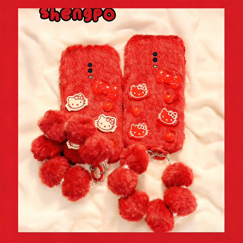 手机壳秋冬毛绒红色立体卡通KT猫凯蒂猫手链