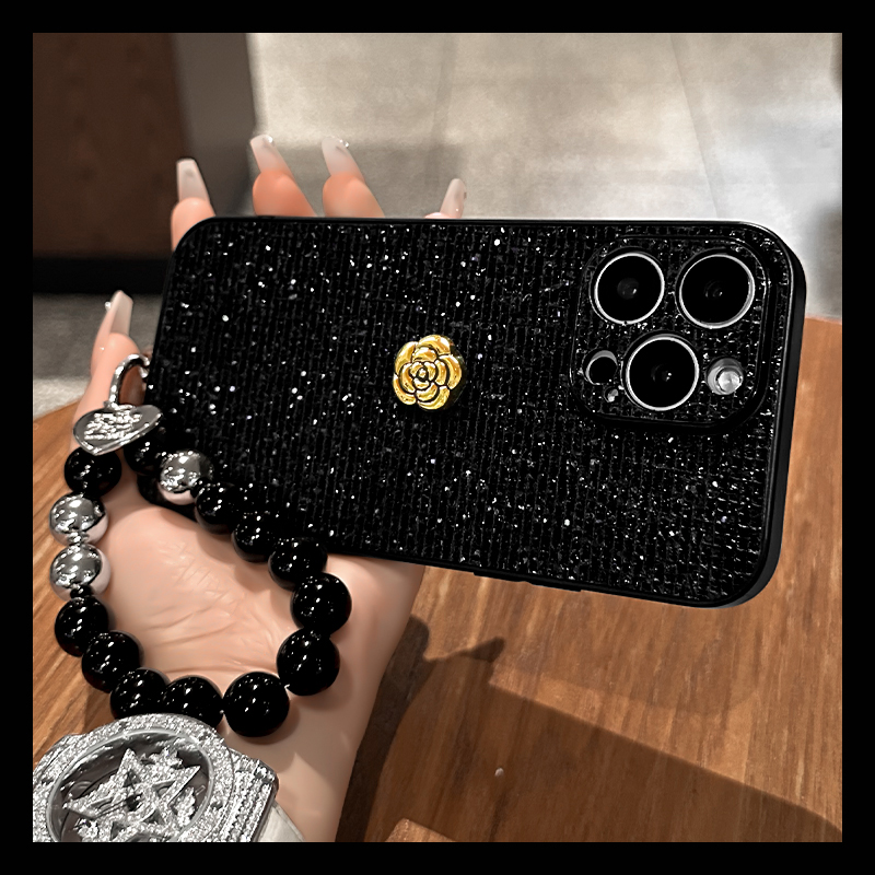 手机壳秋冬绒布闪片亮片立体山茶花带手链