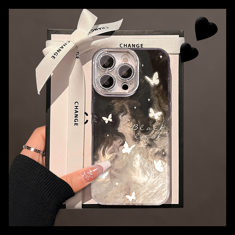 手机壳硅胶冰川纹晕染水墨拼色黑色韩系蝴蝶