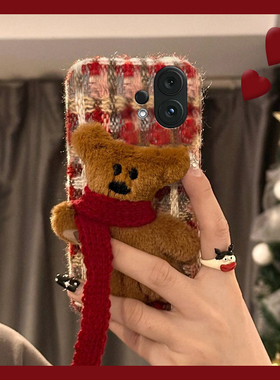 绒布红色格子适用vivos30promini手机壳s20秋冬s19毛绒s15卡通s18e立体s17t小熊s16pro毛茸茸t1新款vivo硅胶p