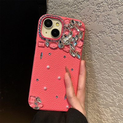 手机壳仿皮皮纹玫红色荔枝纹奢华