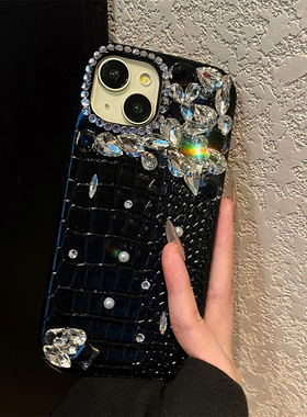 奢华水钻适用opporeno15手机壳reno14黑色reon13格子12鳄鱼纹11珍珠10pro+钻石9仿皮8皮纹7se立体5k十oppo女p