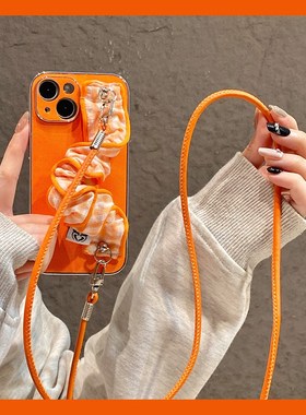 ins风皱纹腕带适用苹果17手机壳iPhone16promax背带15pro斜挎14plus挂绳13橙色12牛仔纹11韩系air小众16e硅胶