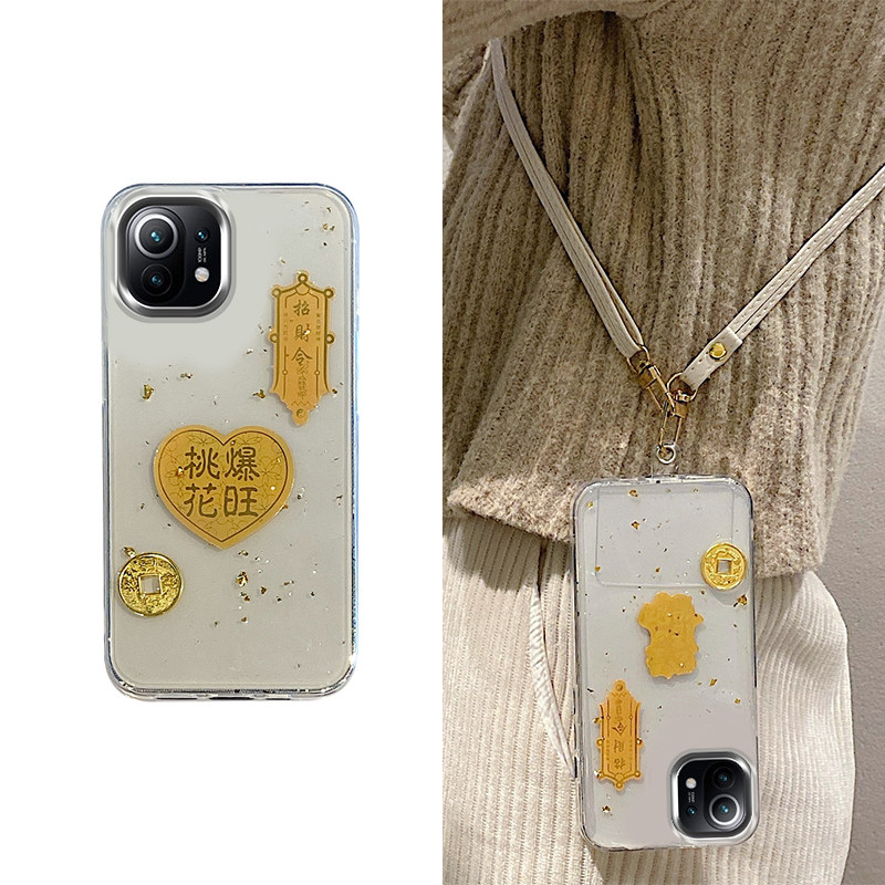 手机壳滴胶新年桃花爆旺文字带手链斜跨挂绳