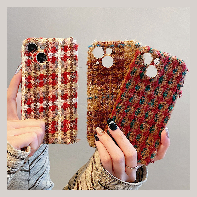 手机壳秋冬绒布毛绒拼色红色撞色条纹线条