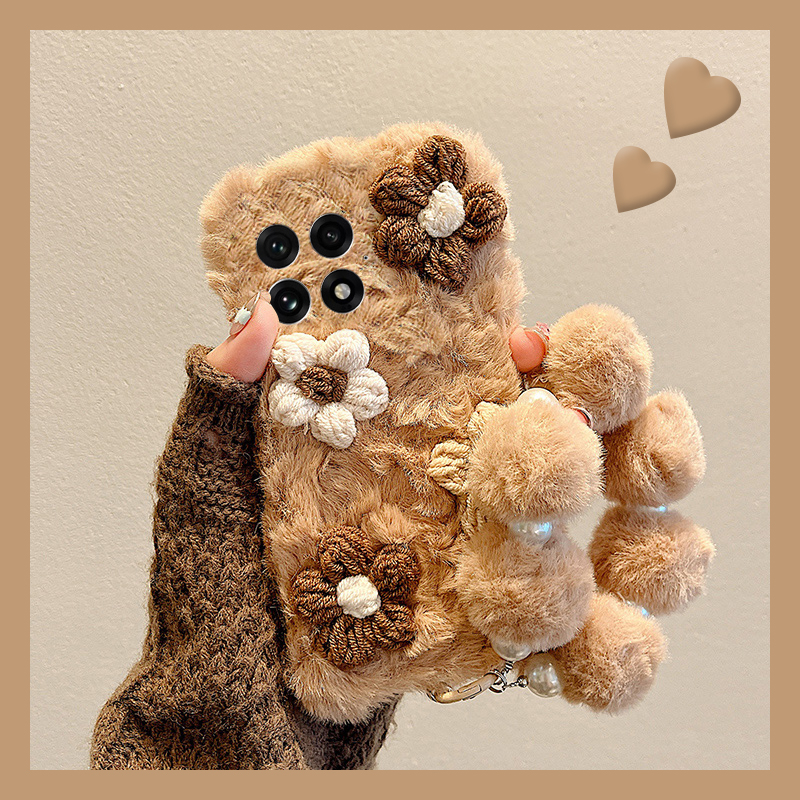 手机壳秋冬毛绒毛茸茸立体ins针织花朵挂链