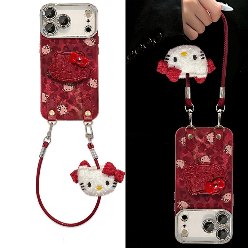手机壳硅胶豹纹红色卡通毛绒KT猫支架手提绳