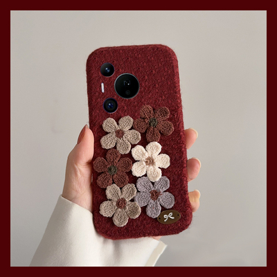 ins风酒红花朵适用华为pura80ultra手机壳p70pro+秋冬p60art立体p50毛绒p40复古p30高级感p10plus十huawei女p