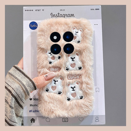 毛绒刺绣小熊适用小米红米note15pro+手机壳noto14卡通13可爱12turbo趣味11tpro秋冬10毛茸茸9冬天8/7十redmi